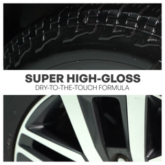 Close-up of a black tire with tread pattern and rim, featuring text about super high-gloss finish.