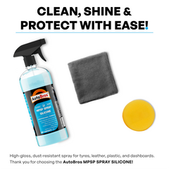 Autobros MPSP Spray Silicone with a cloth and yellow sponge on a white background