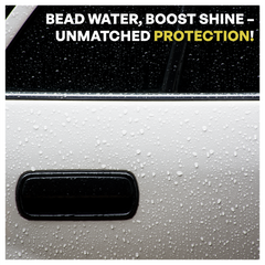 Car window with water beads and text 'Bead water, boost shine - Unmatched protection!'