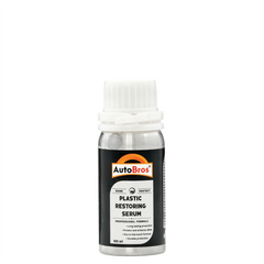 A bottle of AUTOBROS Plastic Restoring Serum, designed to reverse the effects of exposure to the elements on plastic trim.