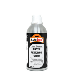 A bottle of AUTOBROS Plastic Restoring Serum, designed to reverse the effects of exposure to the elements on plastic trim.