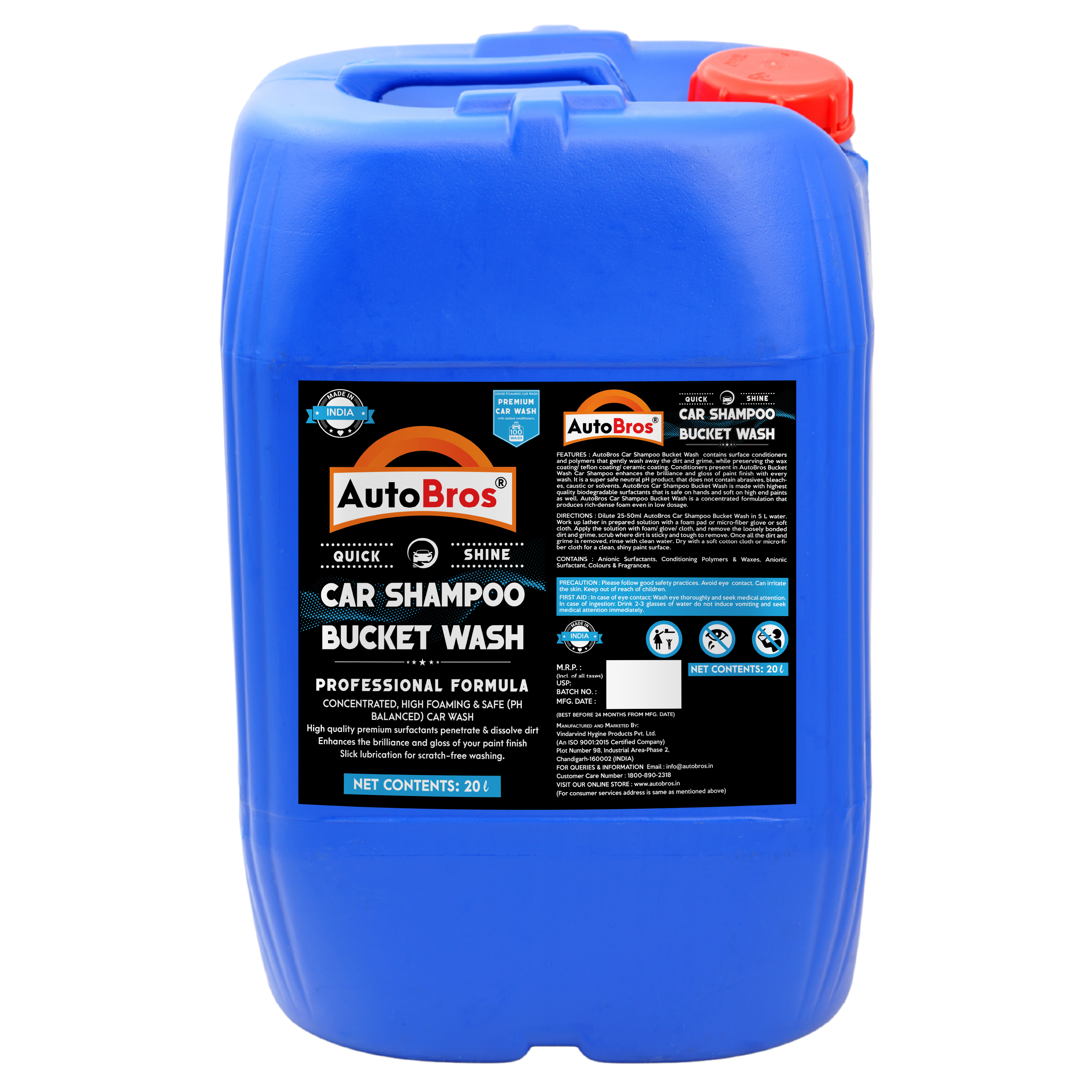 Blue car shampoo bucket wash container with a visible label on a white background