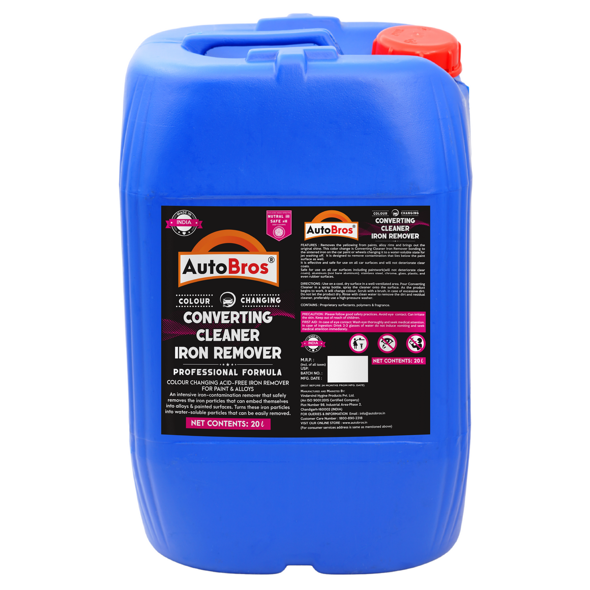 Blue container of AutoBros converting iron remover on a white background