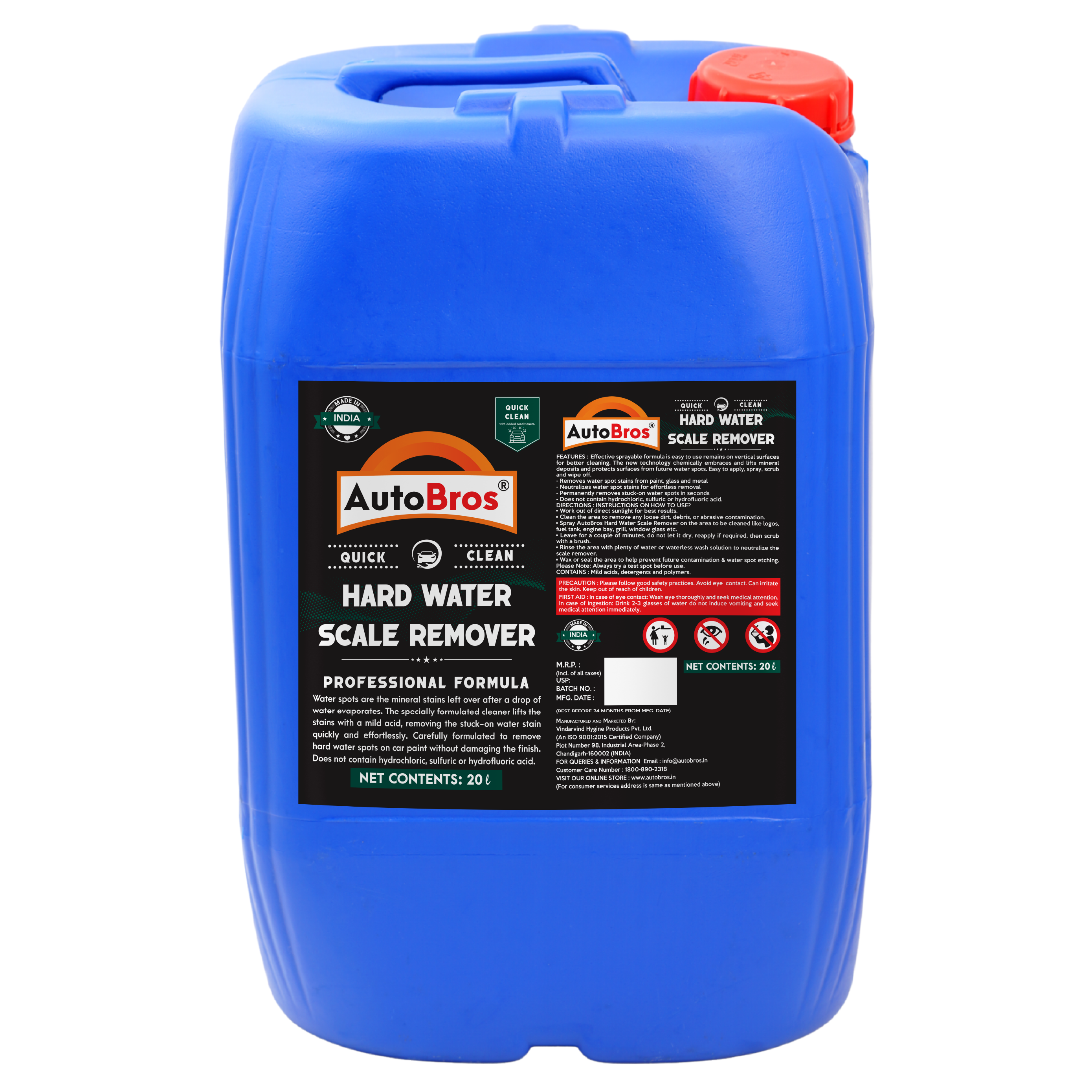 Blue container of AutoBros Hard Water Scale Remover on a white background
