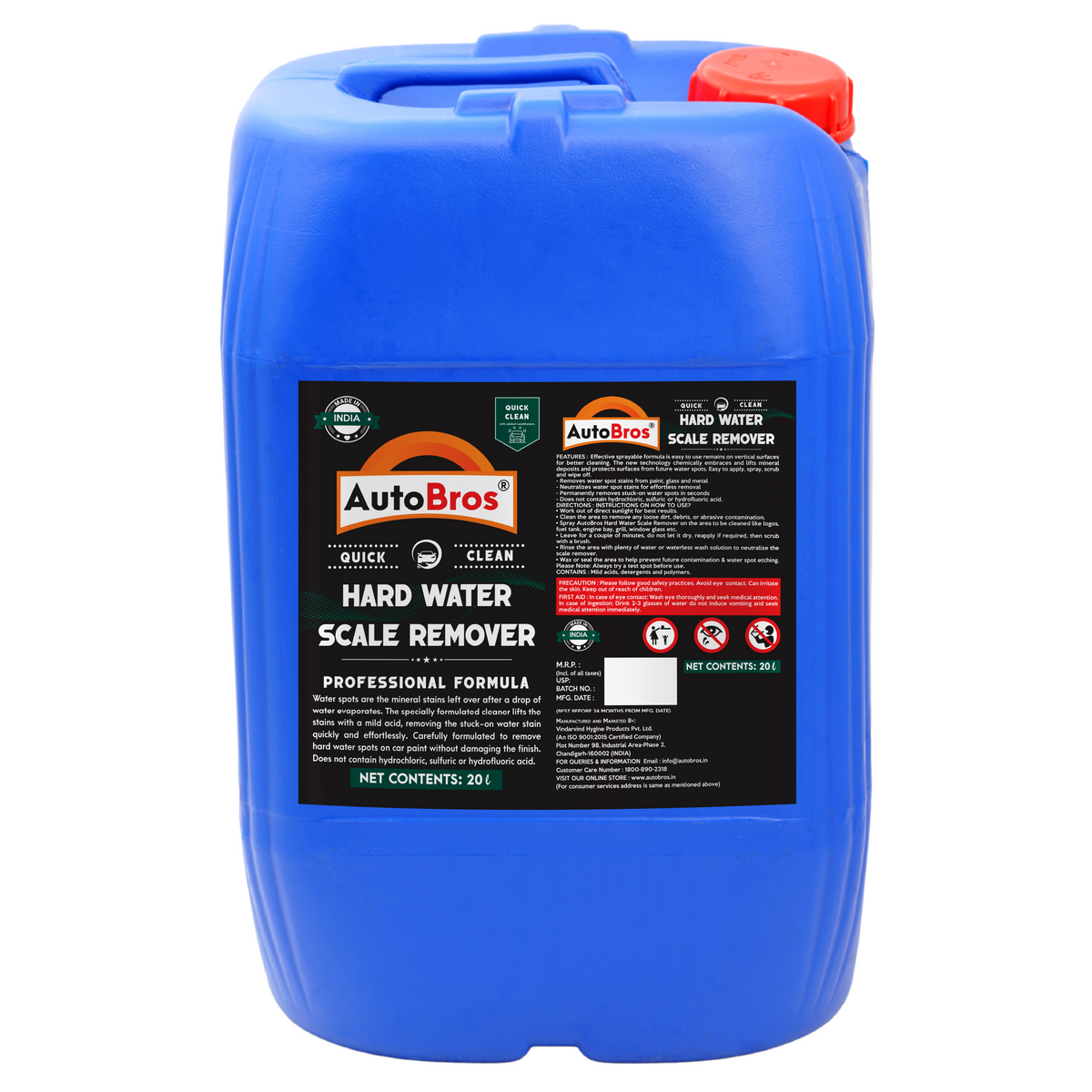 Blue container of AutoBros Hard Water Scale Remover on a white background