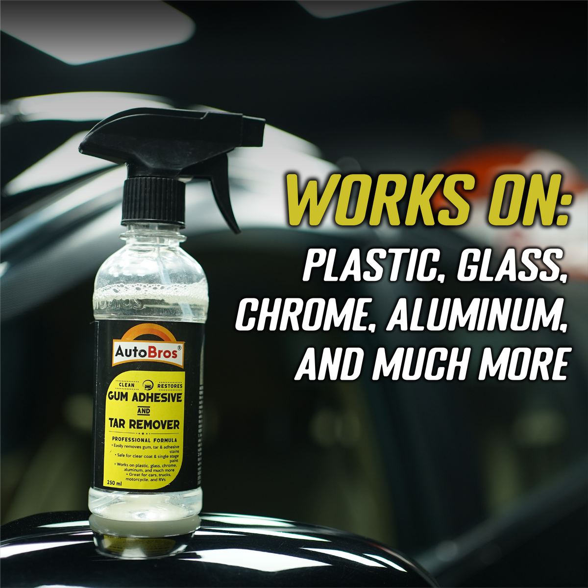 Spray bottle with a label on a car surface, text indicating product versatility.