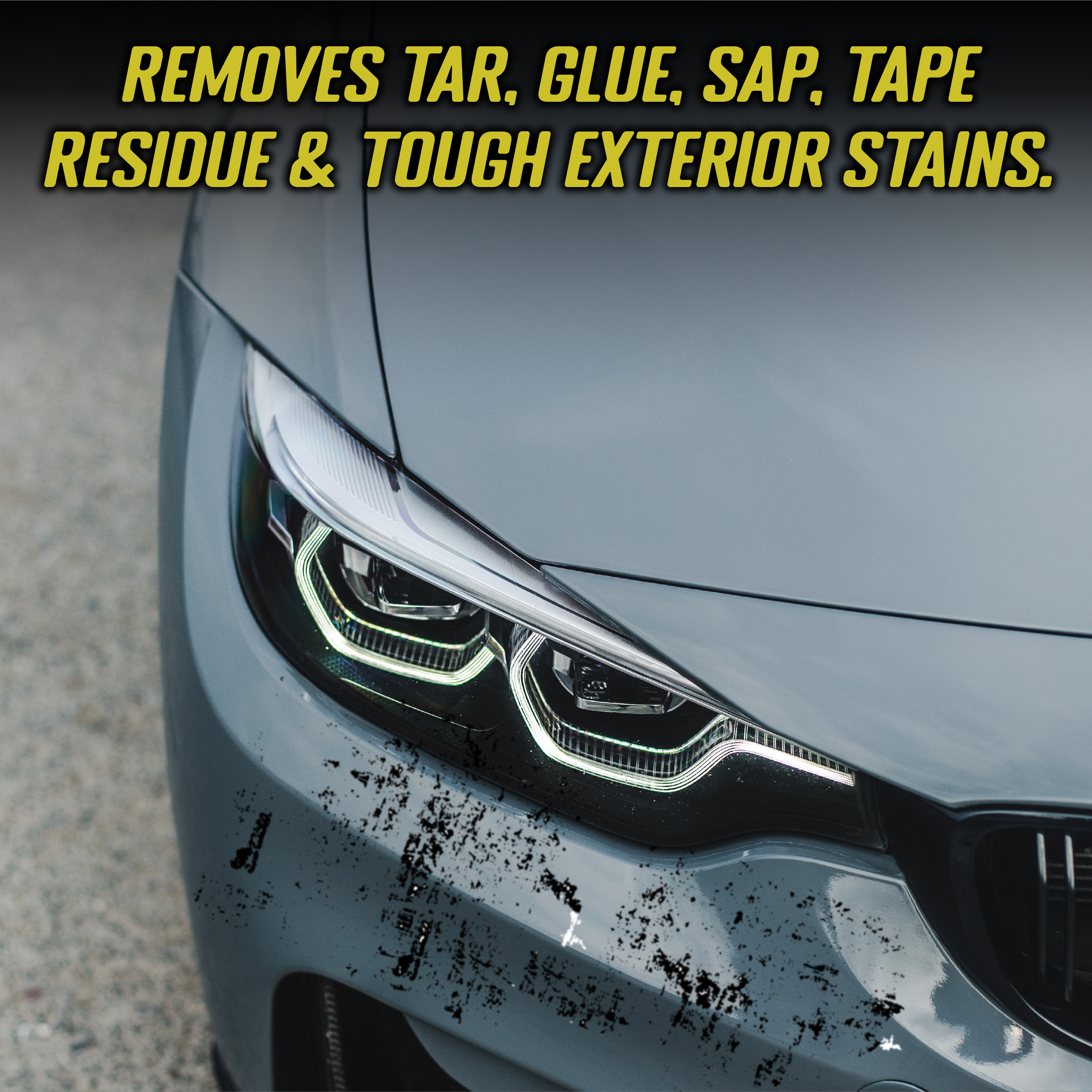 Car headlight with tar, glue, sap, tape residue, and exterior stains being removed.