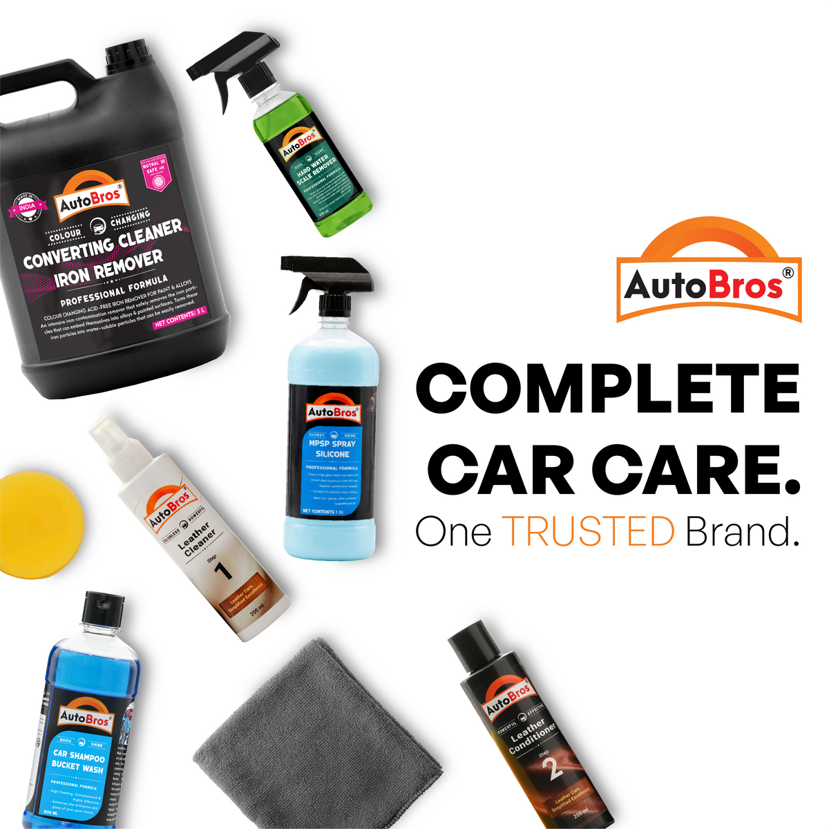 Collection of AutoBros car care products on a white background with the brand logo.
