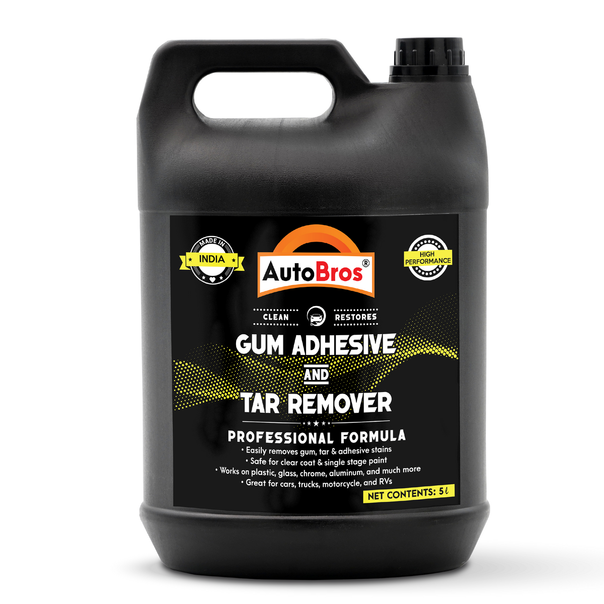 Black bottle of AutoBros Gum Adhesive and Tar Remover on a white background