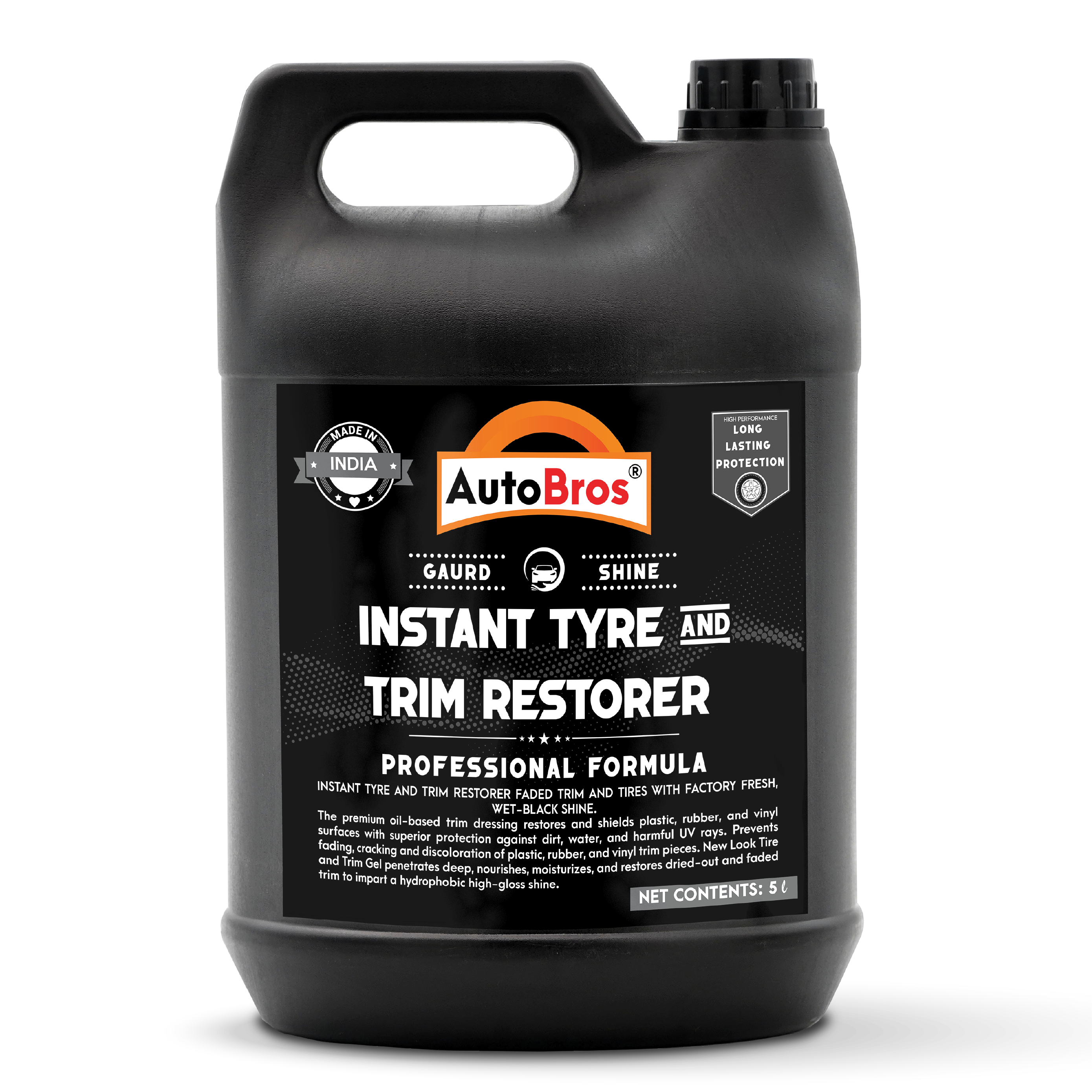 Black bottle of AutoBros Instant Tyre and Trim Restorer on a white background