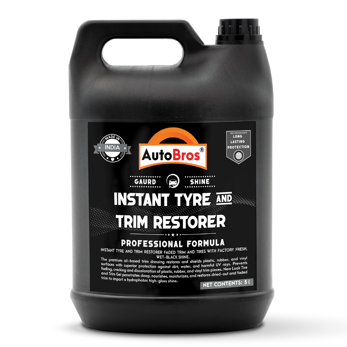 Black bottle of AutoBros Instant Tyre and Trim Restorer on a white background
