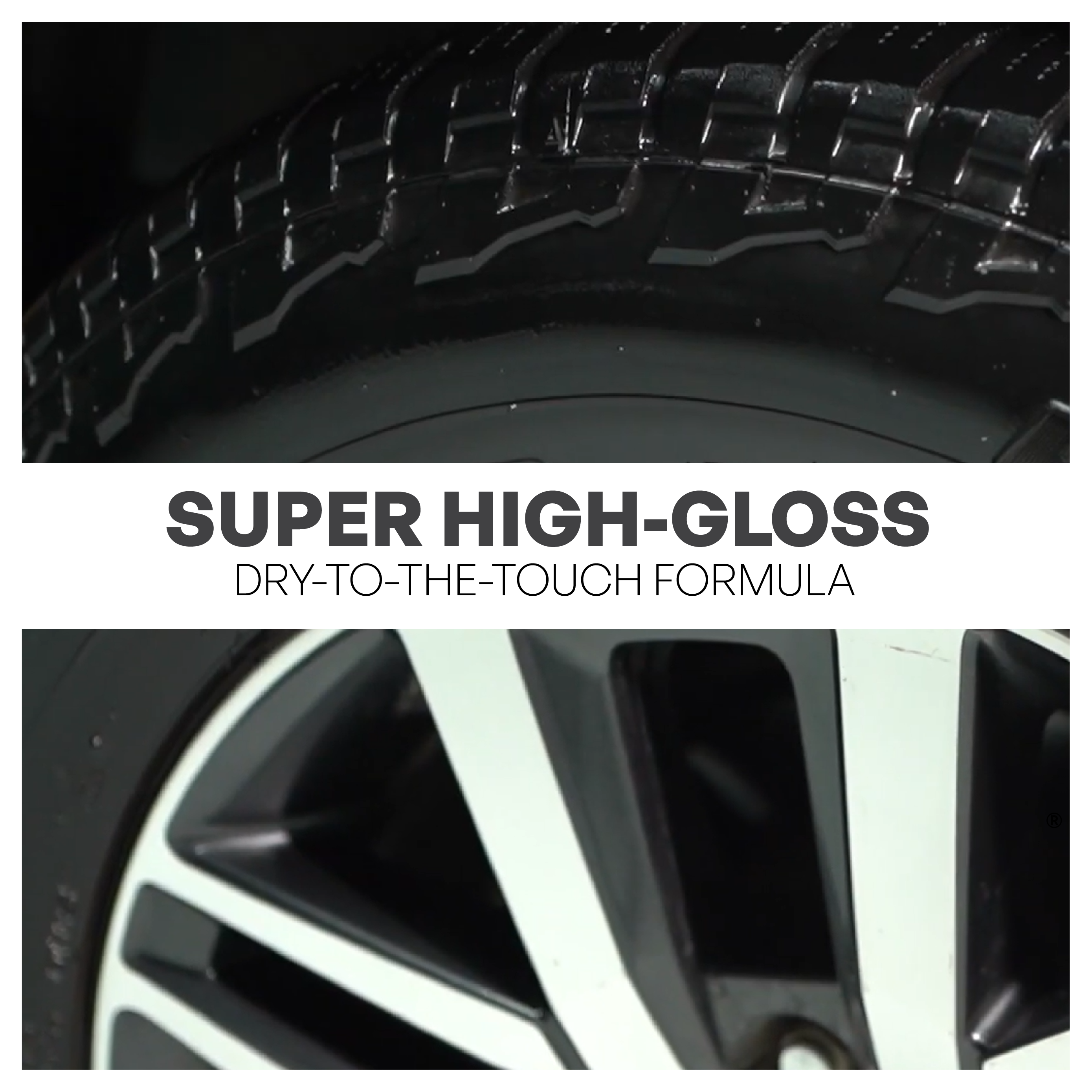 Close-up of a black tire with tread pattern and rim, featuring text about super high-gloss finish.