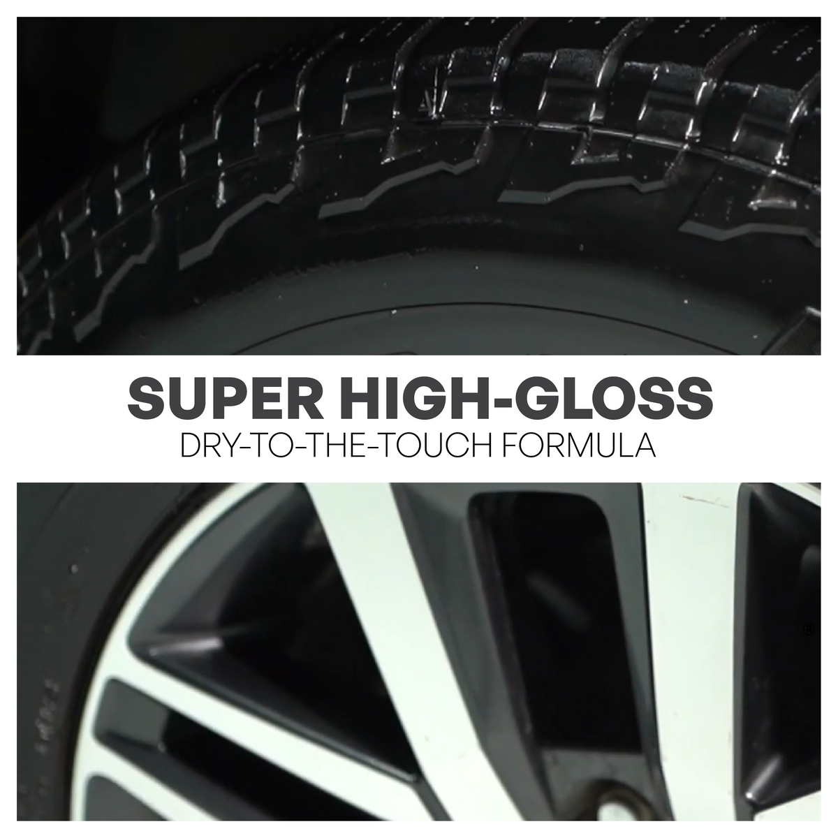 Close-up of a black tire with tread pattern and rim, featuring text about super high-gloss finish.