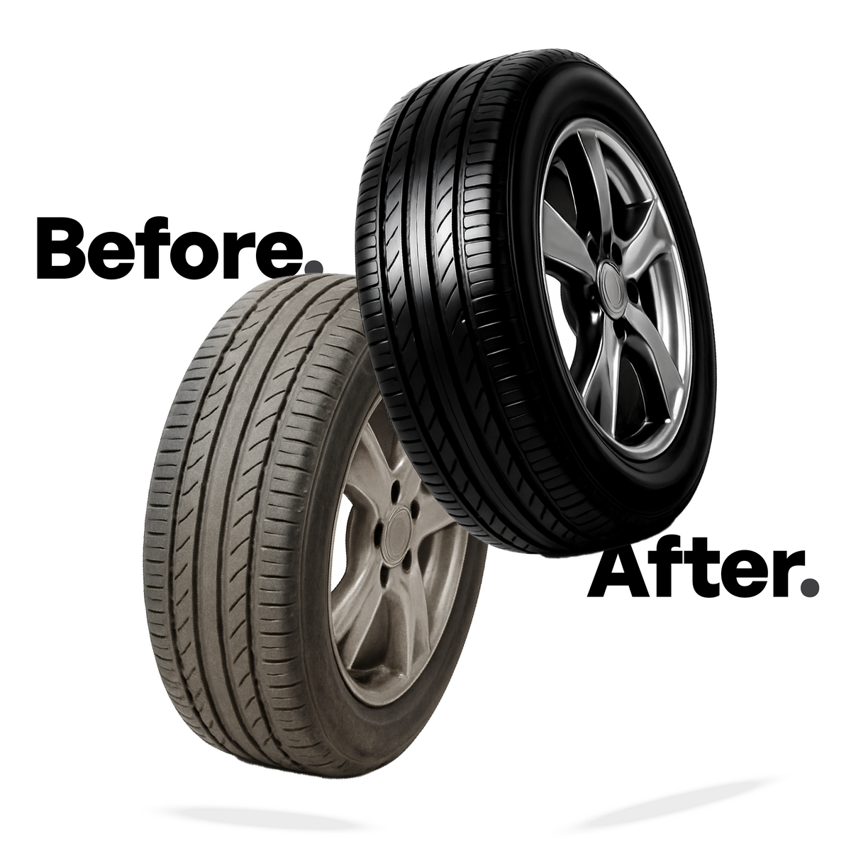 Before and after comparison of car tires on a white background