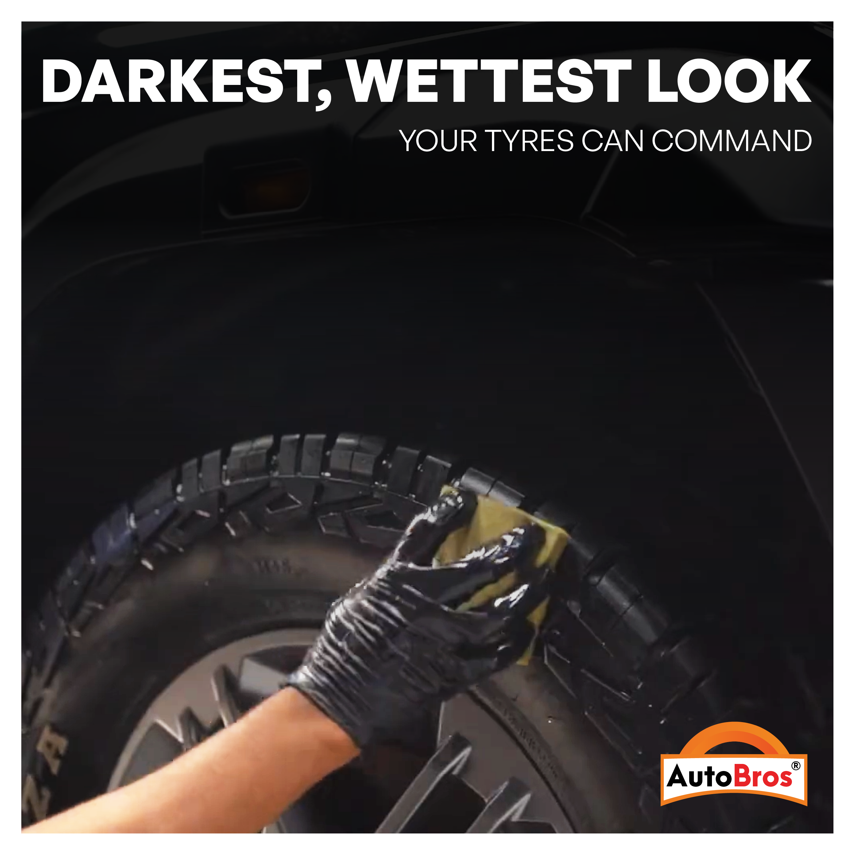Person cleaning a tire with a brush, with 'AutoBros' logo visible.