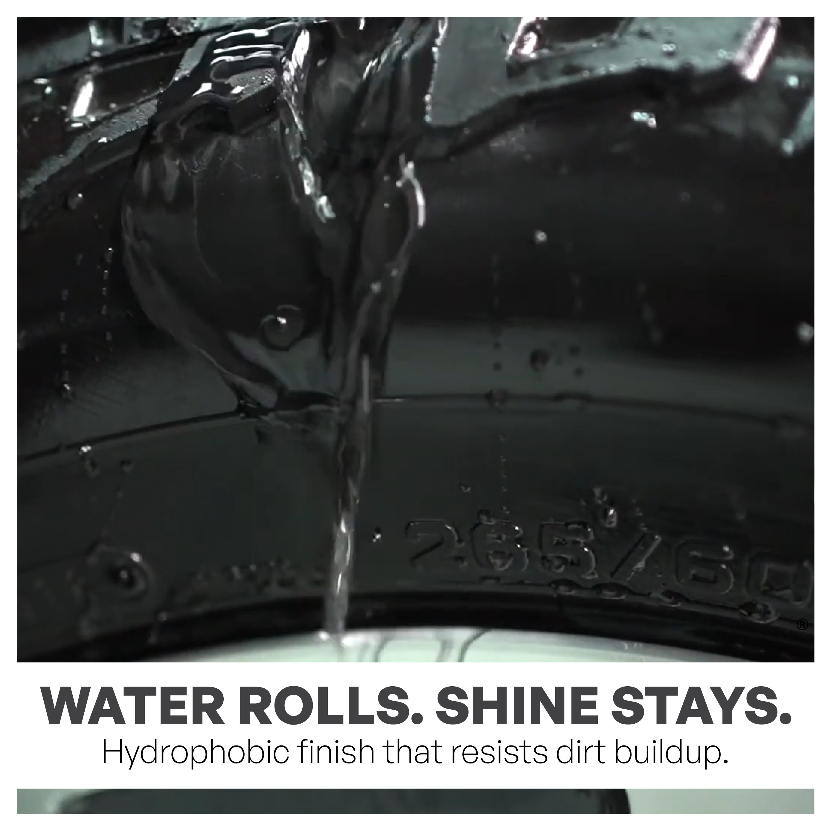 Car tire with water droplets and text 'Water rolls. Shine stays.'