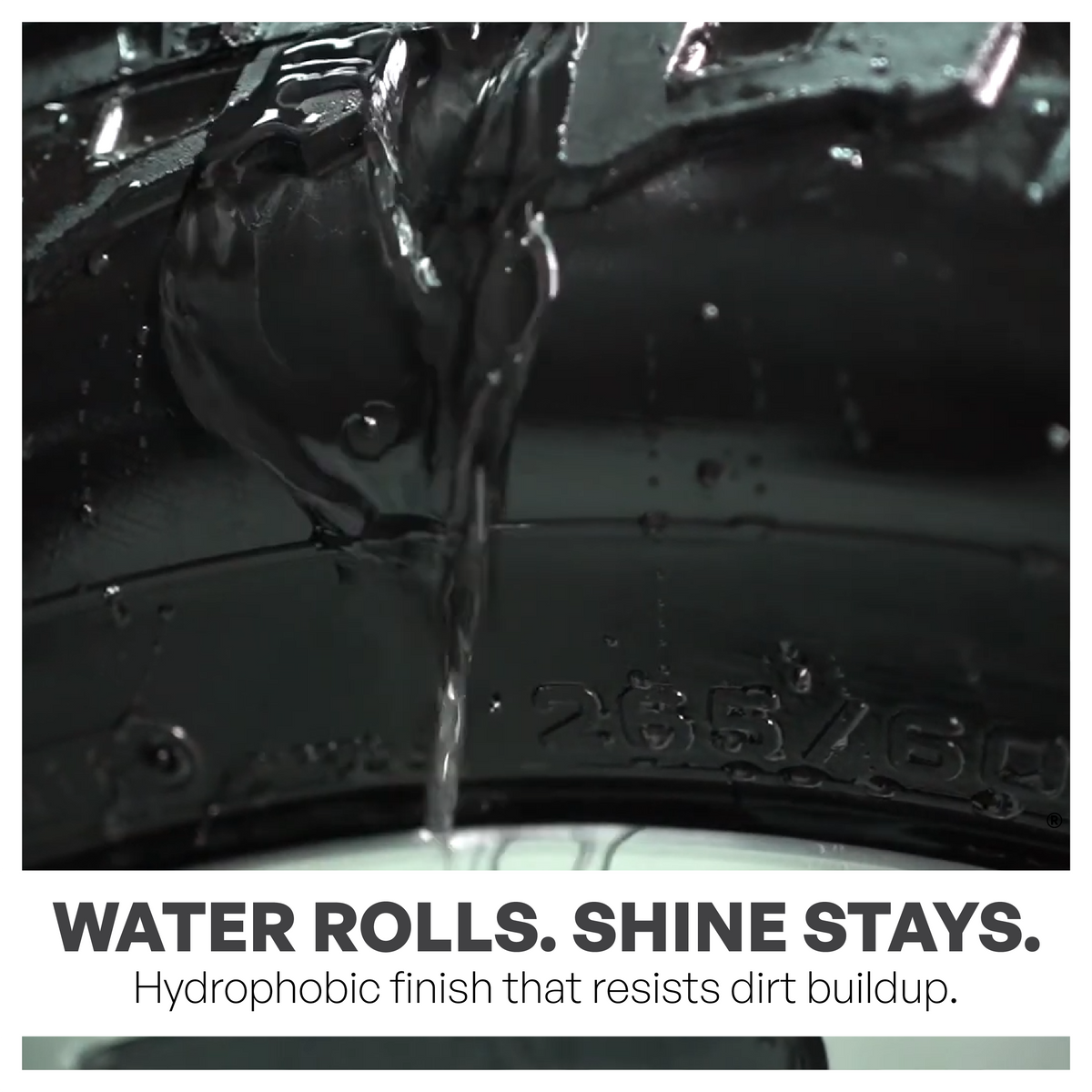 Car tire with water droplets and text 'Water rolls. Shine stays.'