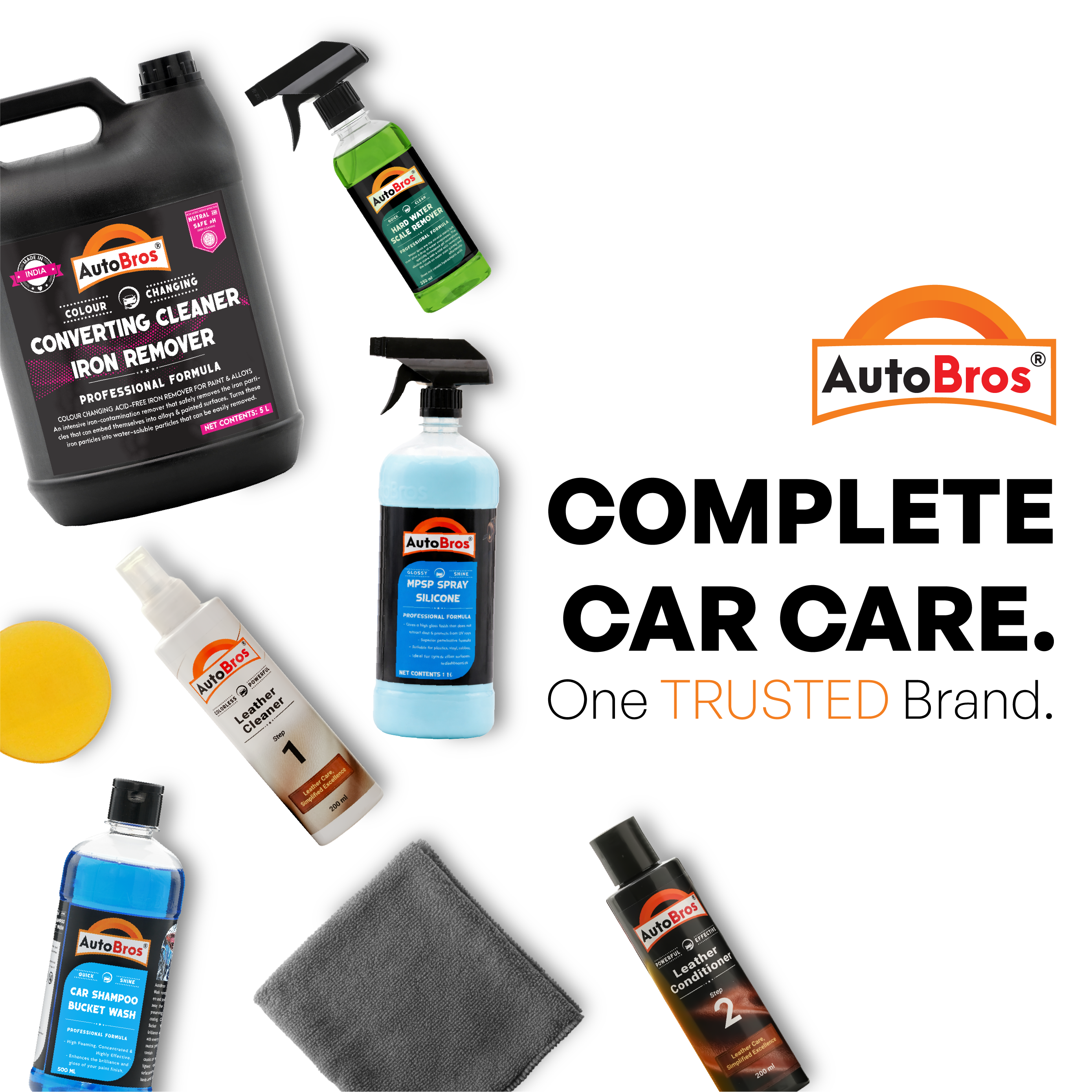 Collection of AutoBros car care products on a white background with the brand logo.