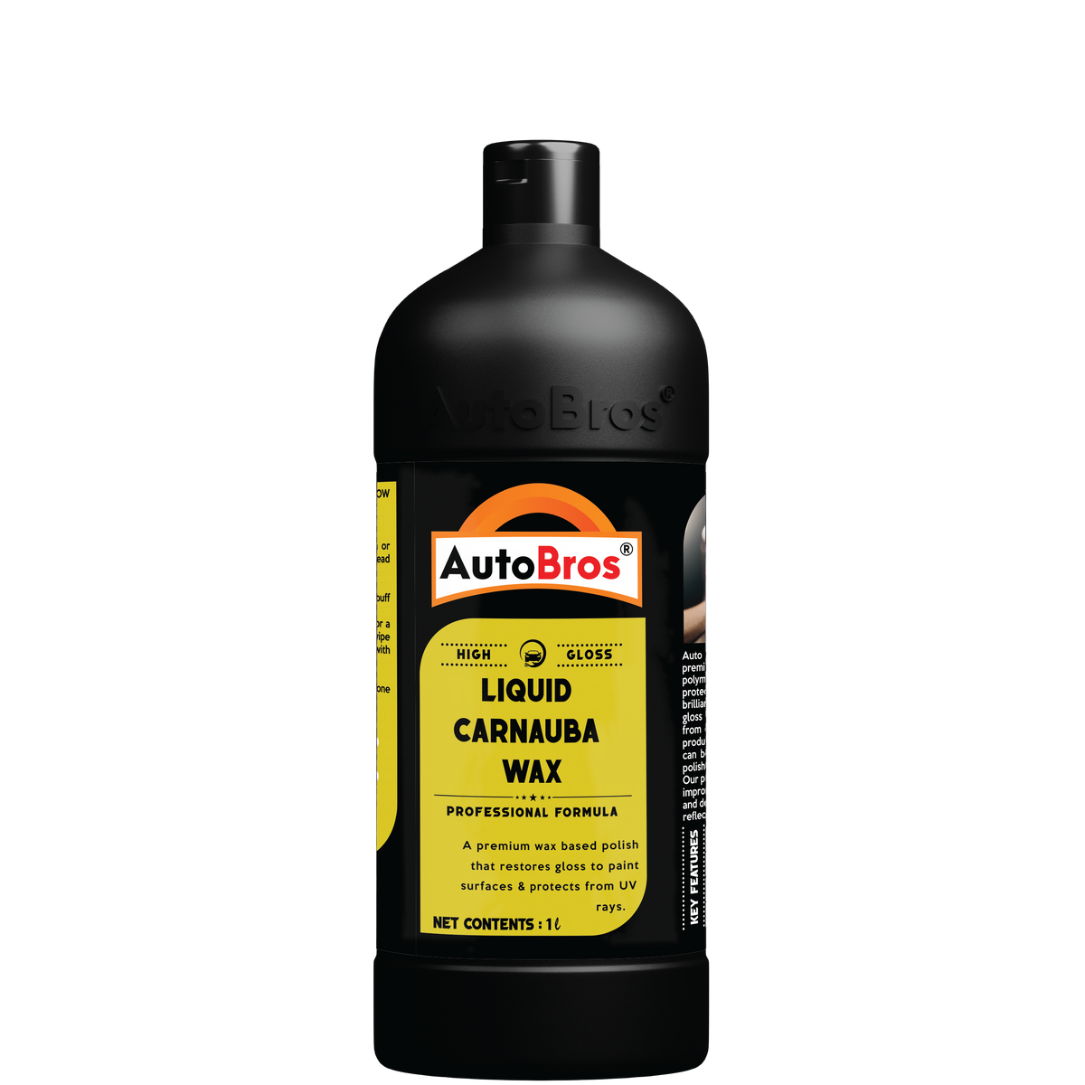 A bottle of Auto Bros Liquid Wax Carnauba Polish for vehicles, with a black label and yellow text detailing the product contents and usage instructions.