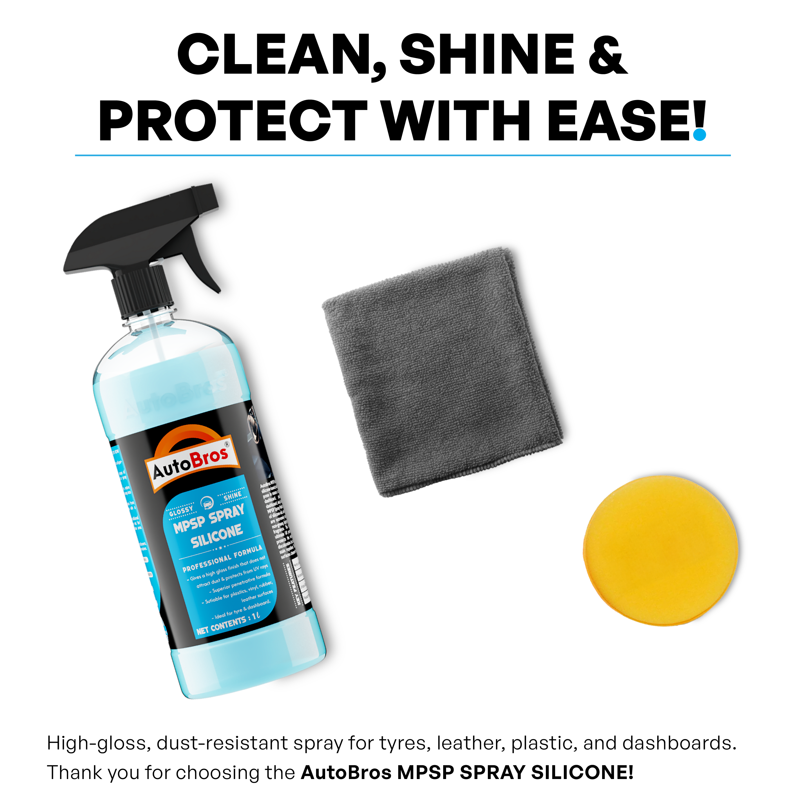 Autobros MPSP Spray Silicone with a cloth and yellow sponge on a white background