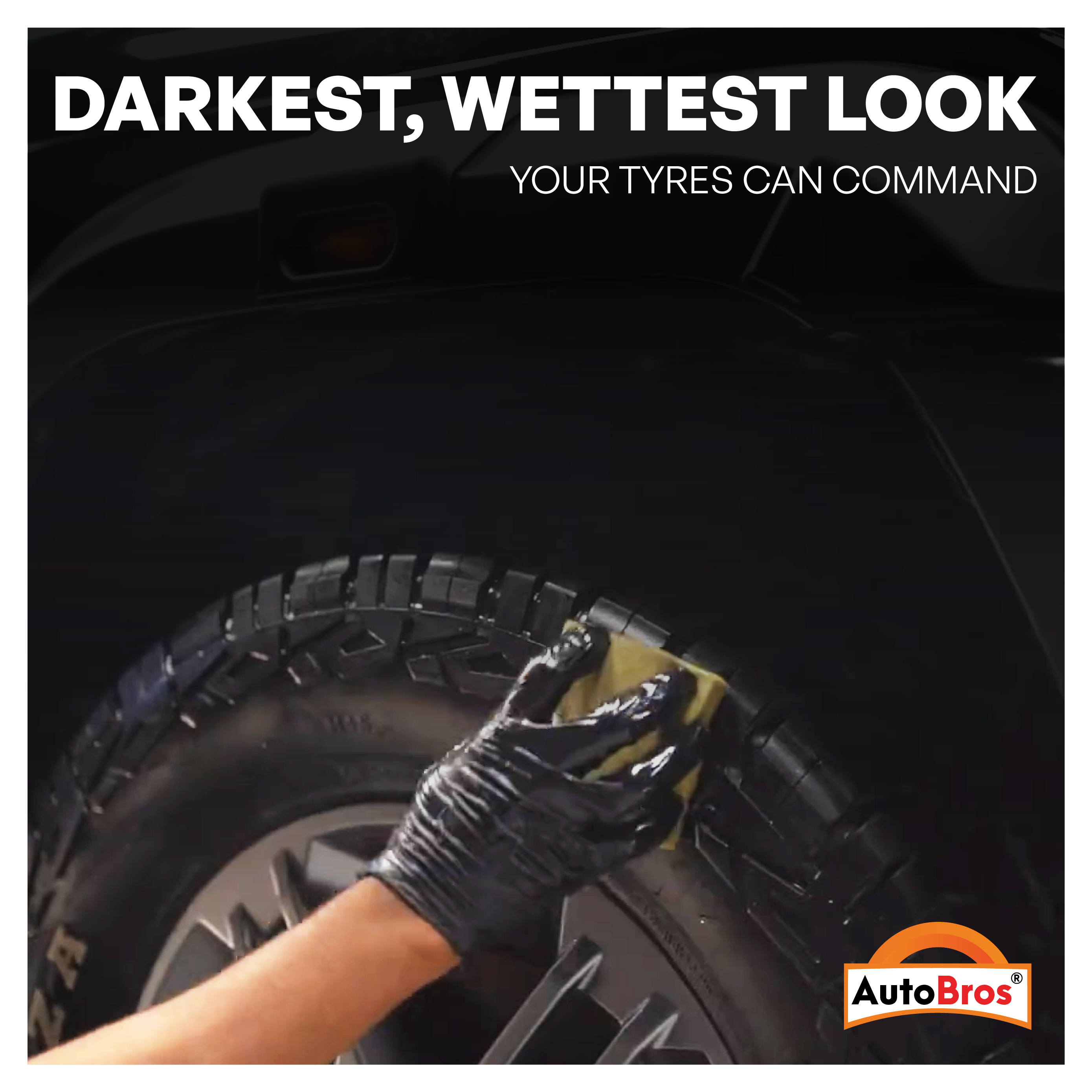 Person cleaning a tire with a brush, with 'AutoBros' logo visible.