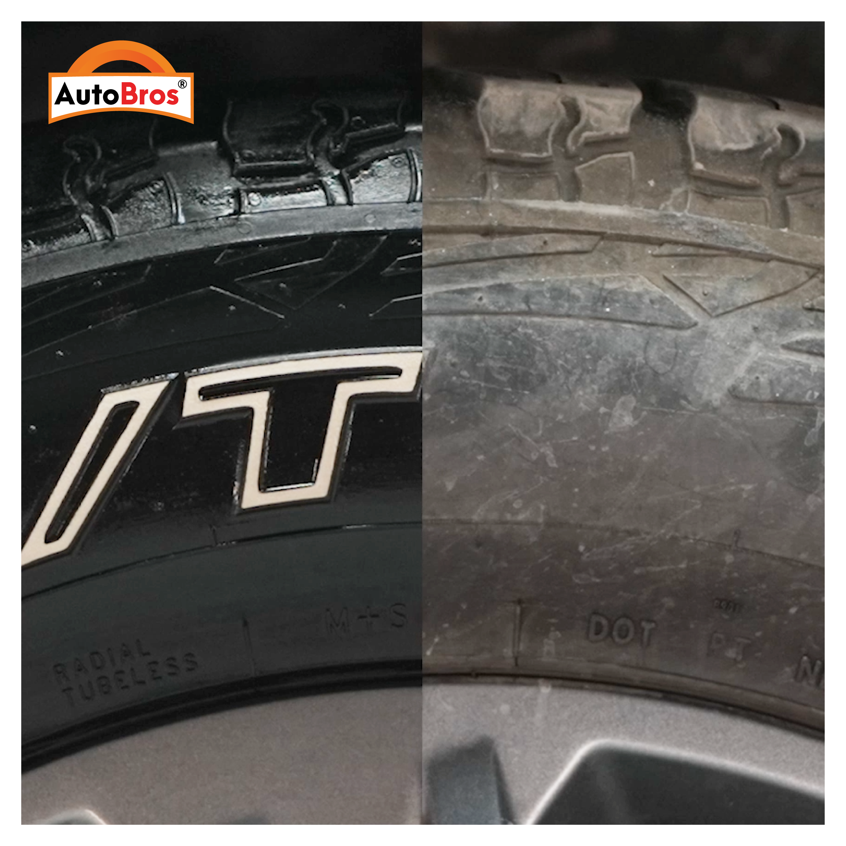 Close-up of a tire with 'VT' branding and text, featuring the Autobros logo.