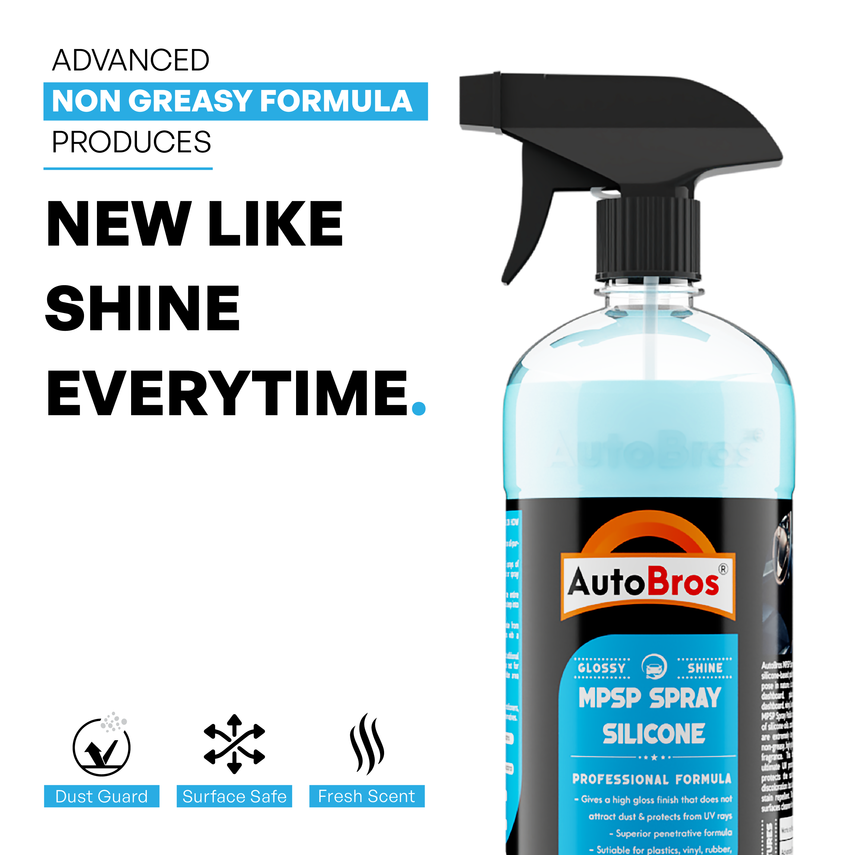 AutoBros MPSP Spray Silicone bottle with text highlighting features on a white background