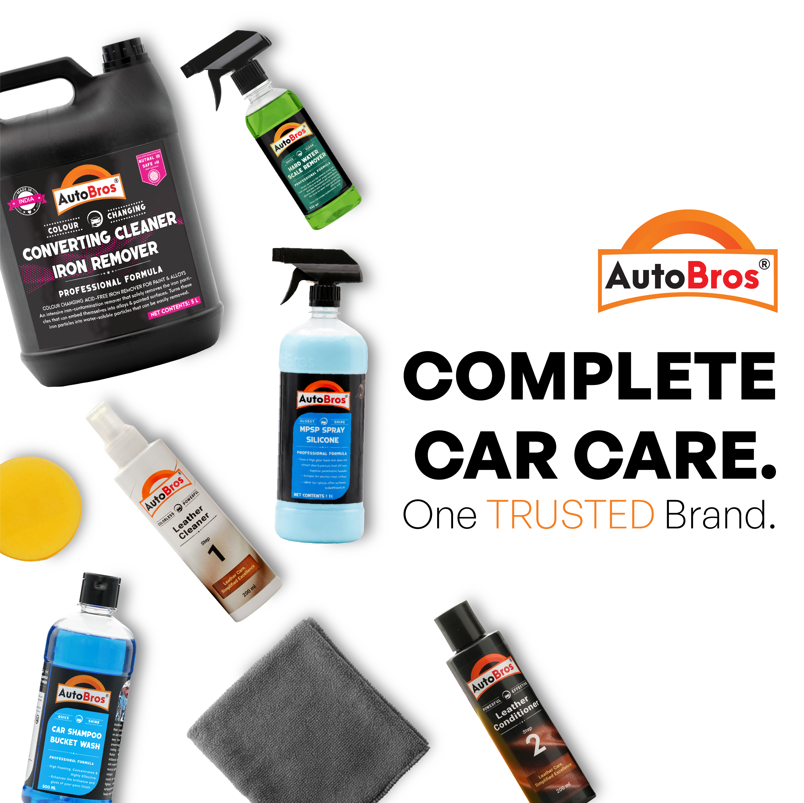 Collection of AutoBros car care products on a white background with the brand logo.