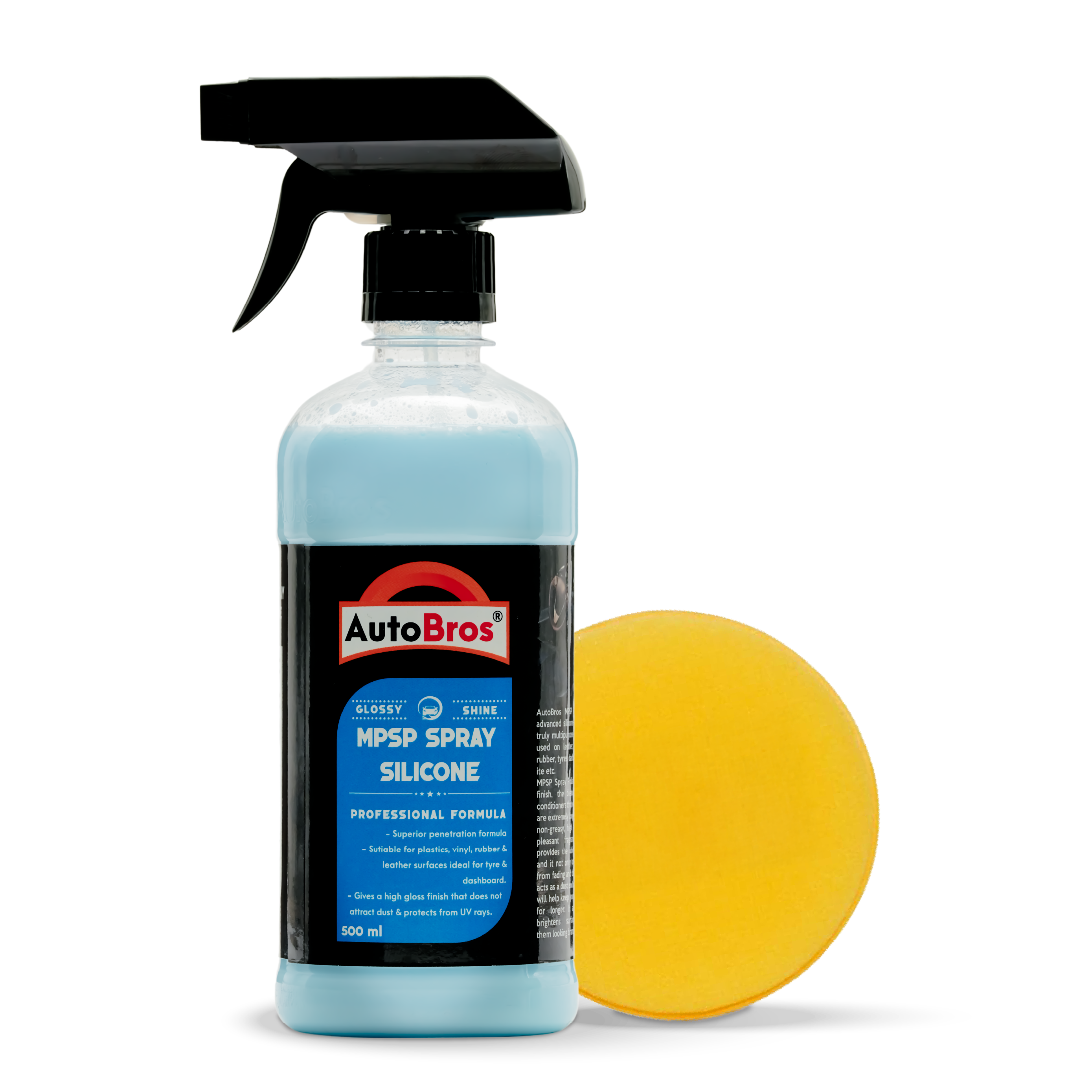 Spray bottle labeled 'AutoBros' with a yellow polishing pad on a white background