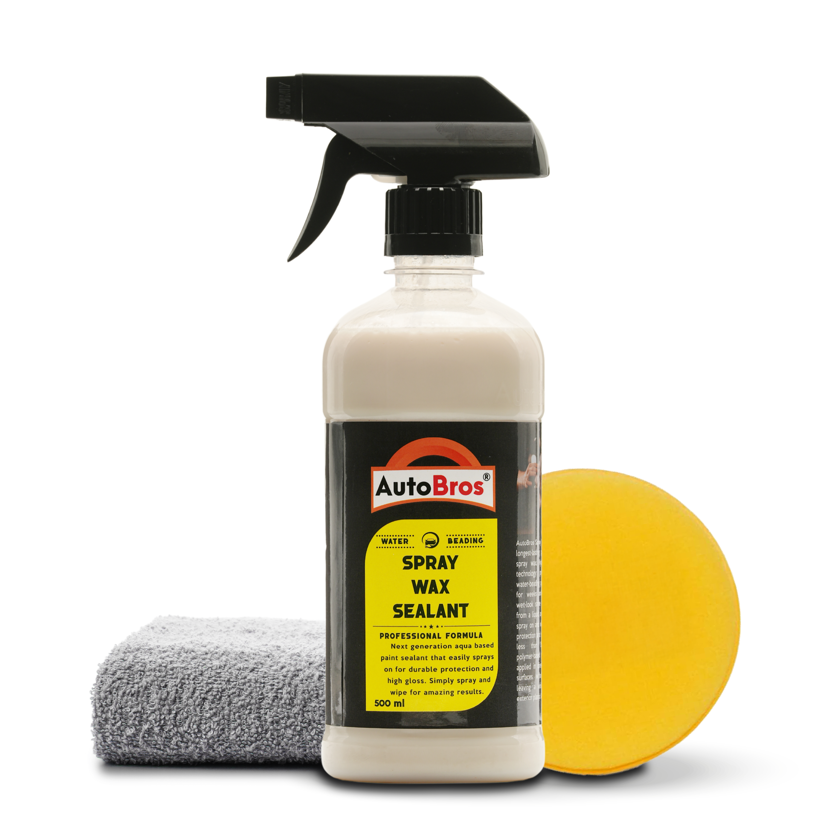 Spray wax sealant bottle with a yellow applicator pad and gray towel on a white background