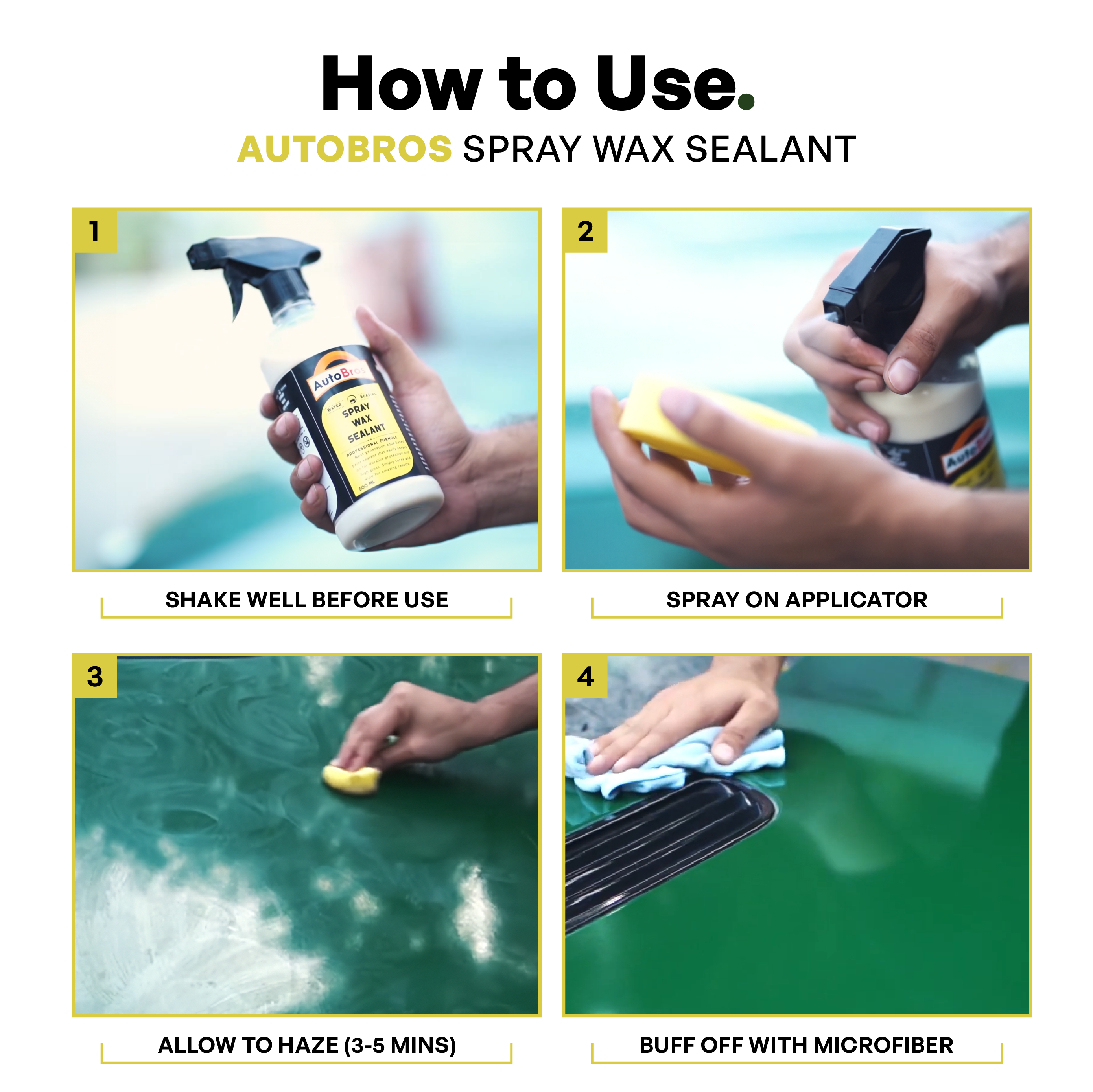 Instructions on how to use Autobros spray wax sealant with step-by-step images.