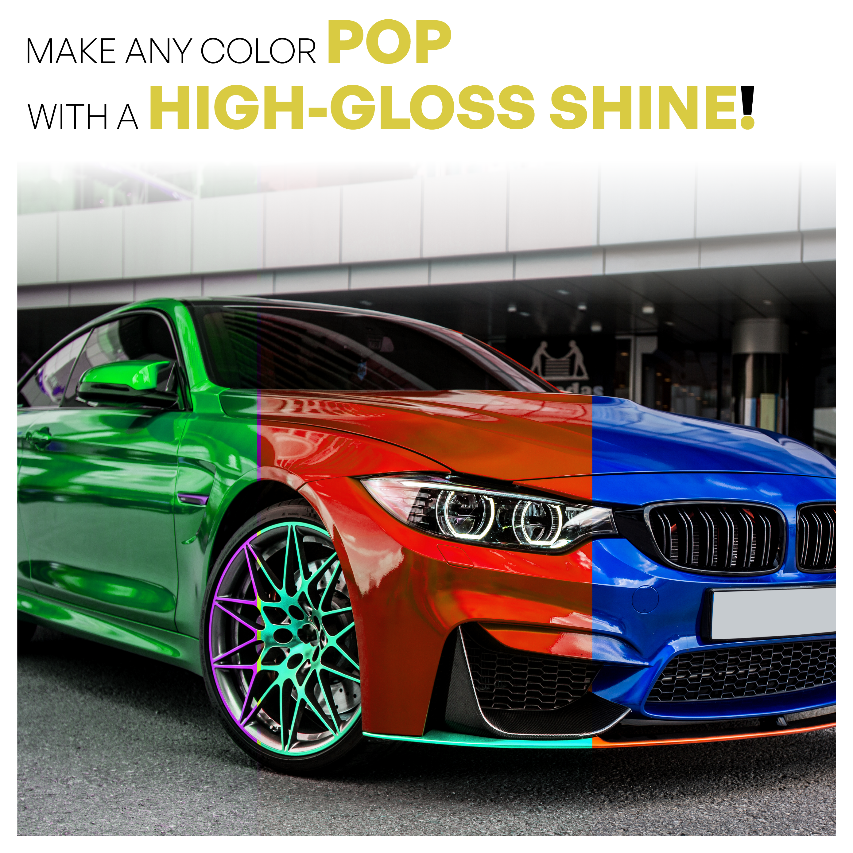 Multicolored car with a high-gloss finish in front of a building.