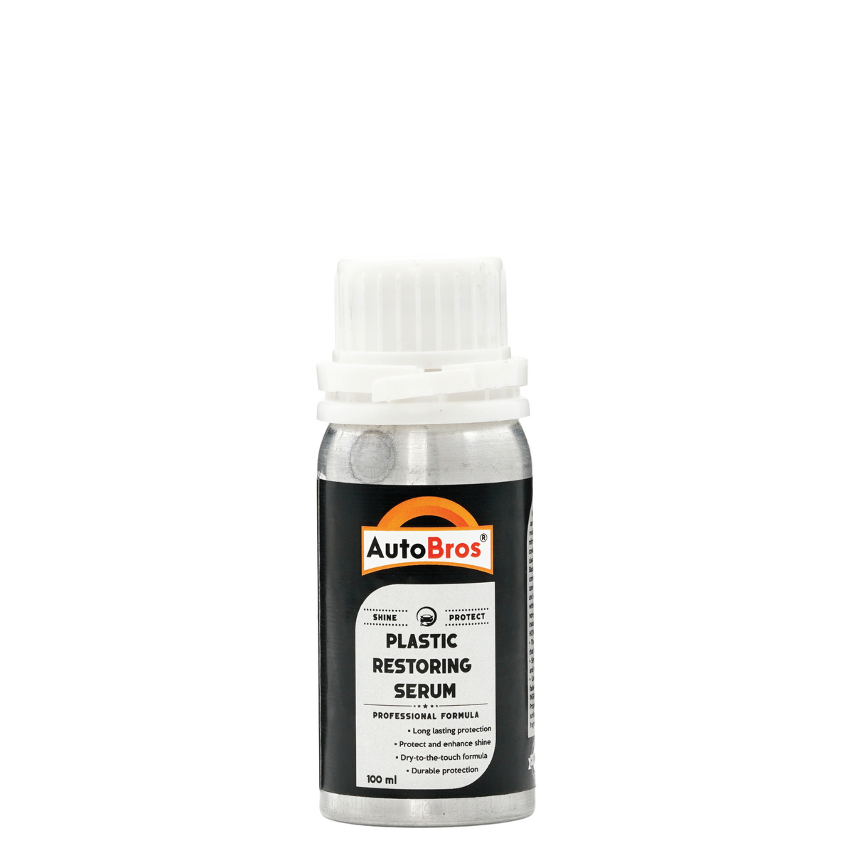 A bottle of AUTOBROS Plastic Restoring Serum, designed to reverse the effects of exposure to the elements on plastic trim.