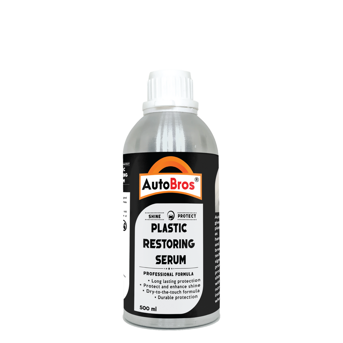 A bottle of AUTOBROS Plastic Restoring Serum, designed to reverse the effects of exposure to the elements on plastic trim.